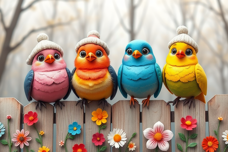 create a scene of 4 quirky  whimsical colourful comical birds each with a funny expression. they are sat on a wooden fence with colourful flowers. they are all different sizes. each one is a different colour  one is wearing a woolly hat. Each one has a different quirky google expression and there is a muted background of trees watercolour paintierly style high definition 8k resolution 3D paper mache