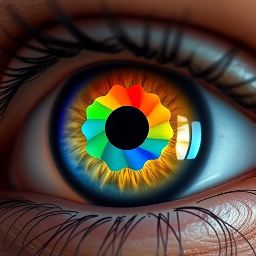 Create a high-resolution image of a stylized eye with a colorful RGB color wheel inside the iris, using a DSLR camera with a 50mm lens, aperture set to f/1.8, ISO 100, and a shallow depth of field for enhanced clarity and detail.
