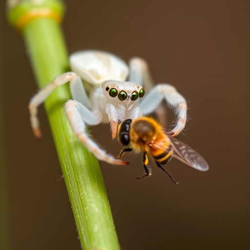 close-up macro shot of a white crab spider eating a bee on a green stem, f/2.8 aperture, 1/200 sec shutter speed, ISO 100, 100mm lens, natural light, DSLR camera