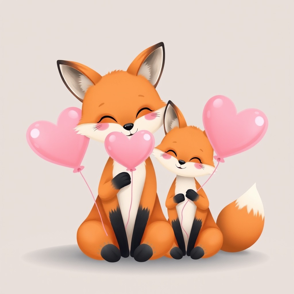 Create a playful illustration of a mother and baby fox sitting together, both holding pink heart-shaped balloons, with a soft pastel color palette, in a whimsical cartoon style, shot with a digital camera at f/2.8 aperture, 50mm lens, daylight setting, with a shallow depth of field for a dreamy effect.