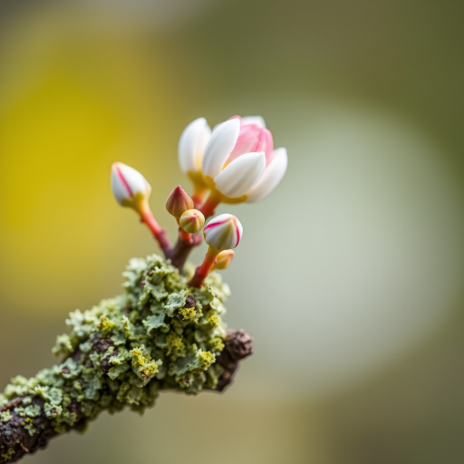 close-up of a lichen-covered branch with budding flowers, shallow depth of field, natural light, macro lens, f/2.8, ISO 100, 1/200s, DSLR camera, soft bokeh background, vibrant colors