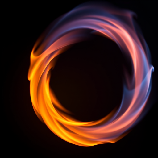 Create a vibrant circular flame swirl on a black background, captured with a Canon EOS R5 camera, 50mm lens, f/1.8 aperture, ISO 100, 1/125 sec shutter speed, using a long exposure style to enhance the motion and intensity of the flames.