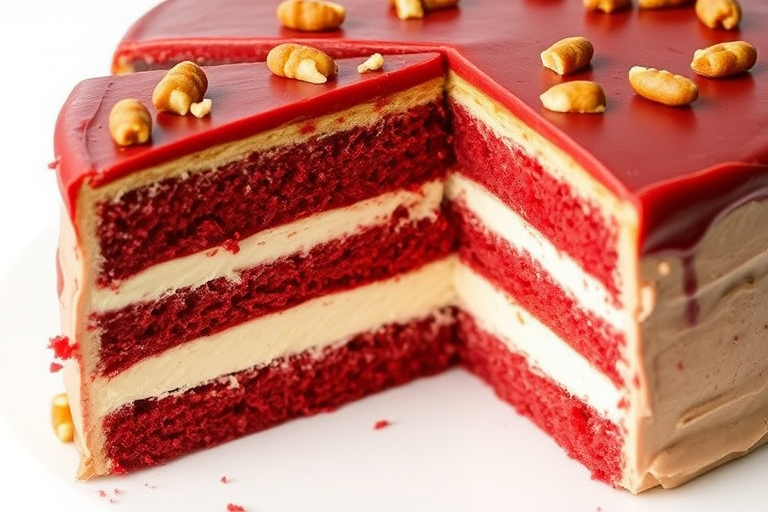 A beautifully layered cake showcasing red velvet, cream cheese, and buttery layers with a smooth frosting topping and scattered nuts, sliced to reveal its rich textures and colors, all set against a simple white background.