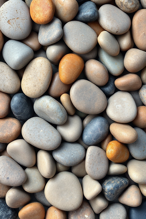 smooth pebbles with varied colors and textures arranged closely together, taken with a DSLR camera at f/8 aperture, 50mm lens, ISO 100, natural lighting, top-down view, high-resolution details