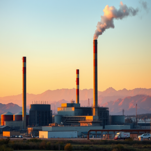 Generate a high-resolution image of an industrial facility with tall smokestacks and visible steam against a backdrop of mountains during golden hour, using a Canon EOS R5 with a 24-70mm f/2.8 lens, aperture set to f/8, ISO 100, shutter speed 1/125 sec, in landscape orientation to enhance clarity and detail.