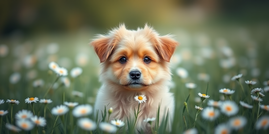 Generate a portrait of a fluffy dog in a grassy field with daisies, soft focus background, 85mm lens, aperture f/1.8, ISO 100, natural light, shallow depth of field, DSLR camera.
