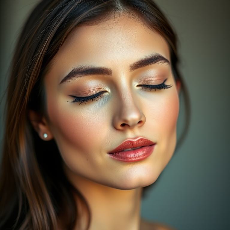 Create a high-resolution portrait of a serene young woman with closed eyes and elegant features, use soft lighting to highlight her face, captured with a DSLR camera at f/2.8 aperture, 50mm lens, in portrait orientation, with shallow depth of field and a subtle bokeh effect in the background.