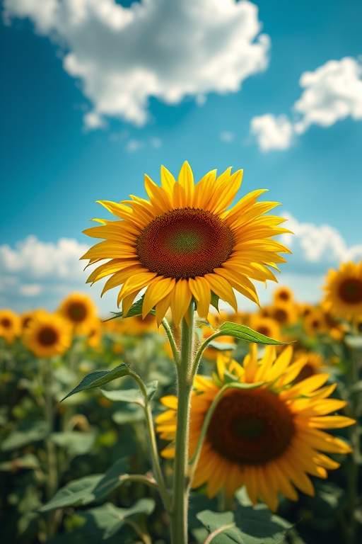 sunflower field under a bright blue sky with fluffy clouds, focus on a bright sunflower in the foreground, aperture f/2.8, ISO 100, shutter speed 1/500s, taken with a DSLR camera from a low angle for a dramatic perspective