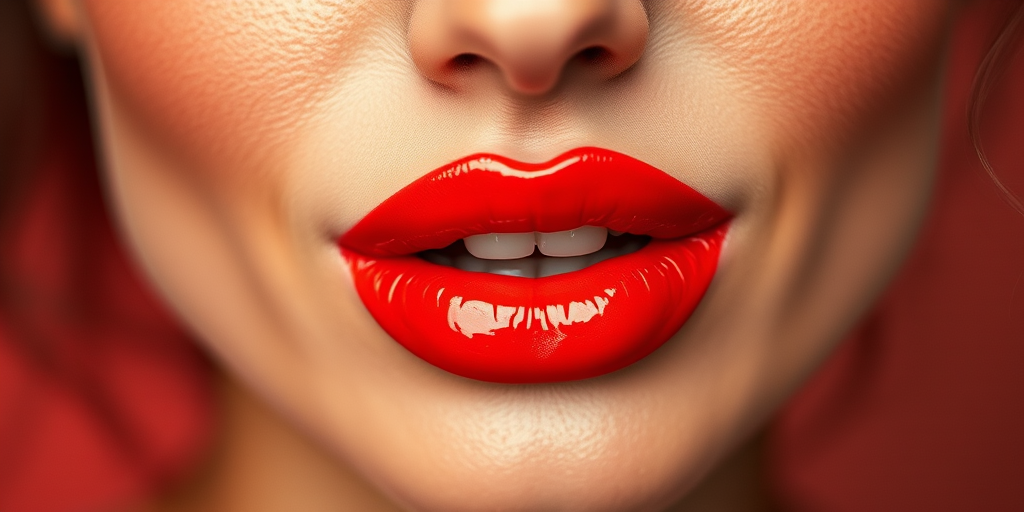 Striking woman lips adorned with vibrant coral lipstick, glossy finish, plump and voluminous, perfectly defined cupid's bow, radiating warmth and passion