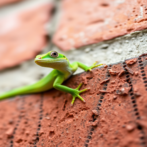 Capture a vibrant green anole lizard perched on a textured brick wall, with a shallow depth of field to blur the background, using a macro lens at f/2.8, ISO 200, shutter speed 1/250 sec, in natural light, taken with a DSLR camera.