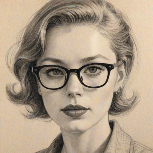Magnificent Mina Sundwall, pencil sketch, portrait of Enticing woman 1954s in glasses, hair style beatnik, outline, clear lines, fine lines, 8k
