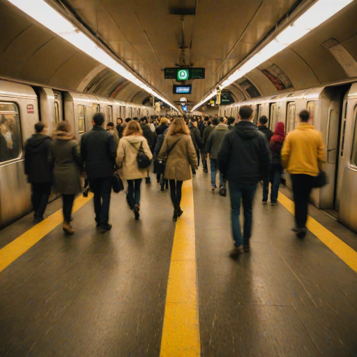 Blurry, fast-paced image of a crowded subway station during rush hour, people moving quickly, heads down, the sound of footsteps and distant announcements, soft overhead lighting casting a yellow hue on the scene, subway train pulling into the station, wind gusting through the platform.