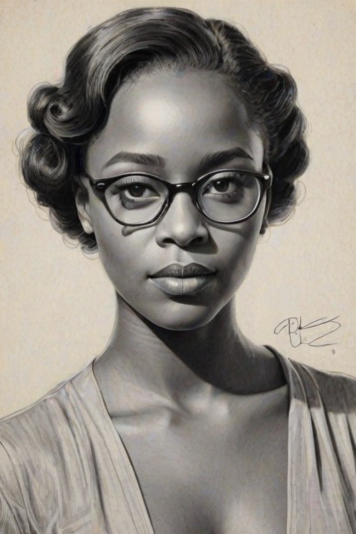 Fetching Aja Naomi King, pencil sketch, portrait of Resplendent woman 1938s in glasses, hair style beatnik, outline, clear lines, fine lines, 8k