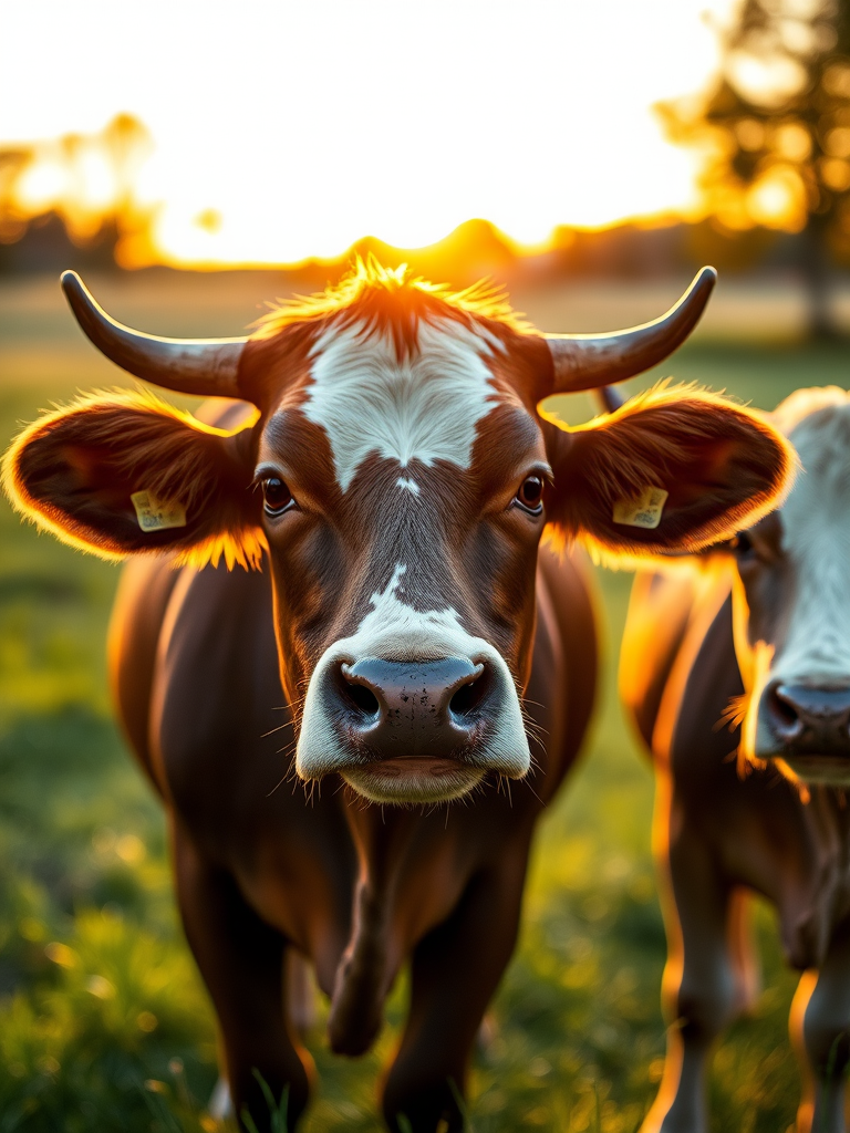 Regenerate an image of two cows in a green pasture during golden hour, using a Canon EOS R5 with a 50mm f/1.8 lens, aperture set to f/2.8, shutter speed 1/200 sec, ISO 100, focus on the cows' faces, capturing a shallow depth of field for a soft background.