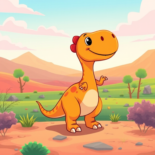 Create a cartoon-style illustration of a friendly, orange dinosaur with spots standing in a bright, colorful landscape, shot with a DSLR camera at f/2.8, 50mm lens, ISO 100, and a wide-angle view to enhance depth.