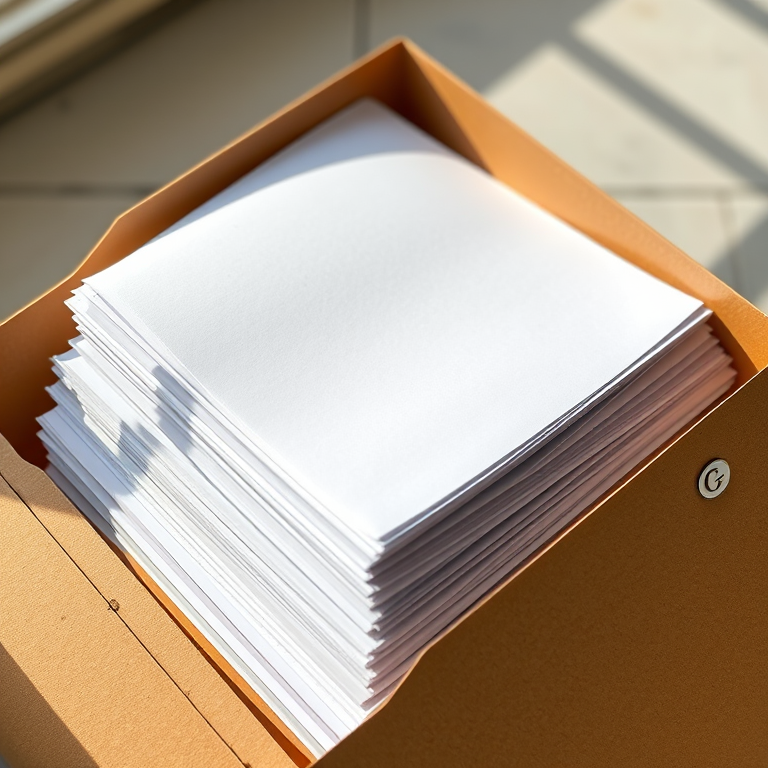 Create a high-resolution image of a stack of papers inside a folder, viewed from a top-down angle, with natural lighting, using a DSLR camera set at f/2.8, ISO 200, and a shutter speed of 1/250s.