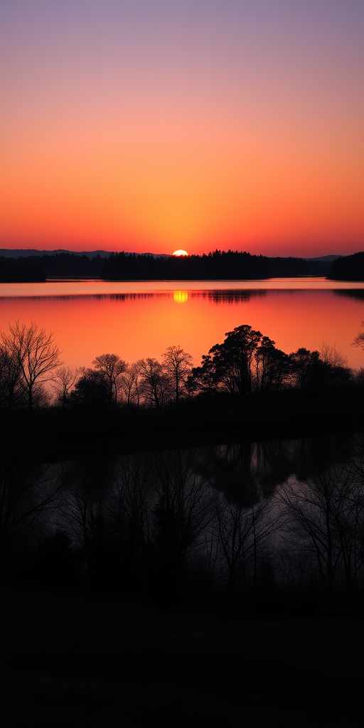 capture a serene sunset over a calm lake with reflective water and silhouettes of trees on the shore, use a Canon EOS R5, 24mm lens, aperture f/8, ISO 100, shutter speed 1/60s, golden hour lighting for vibrant colors and enhanced clarity