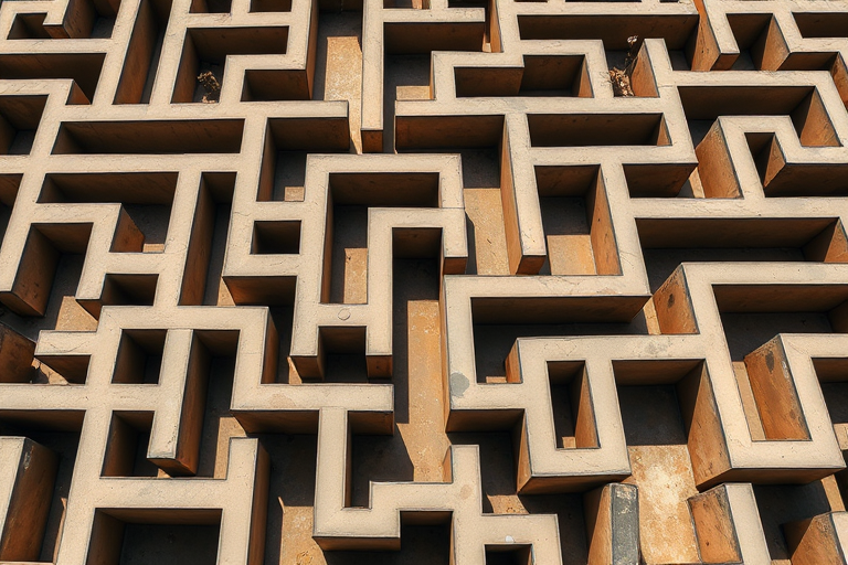 generate a high-resolution image of a complex maze with intricate pathways and sharp angles, taken with a DSLR camera at f/8 aperture, 50mm lens, ISO 100, top-down view in natural lighting for enhanced clarity and detail