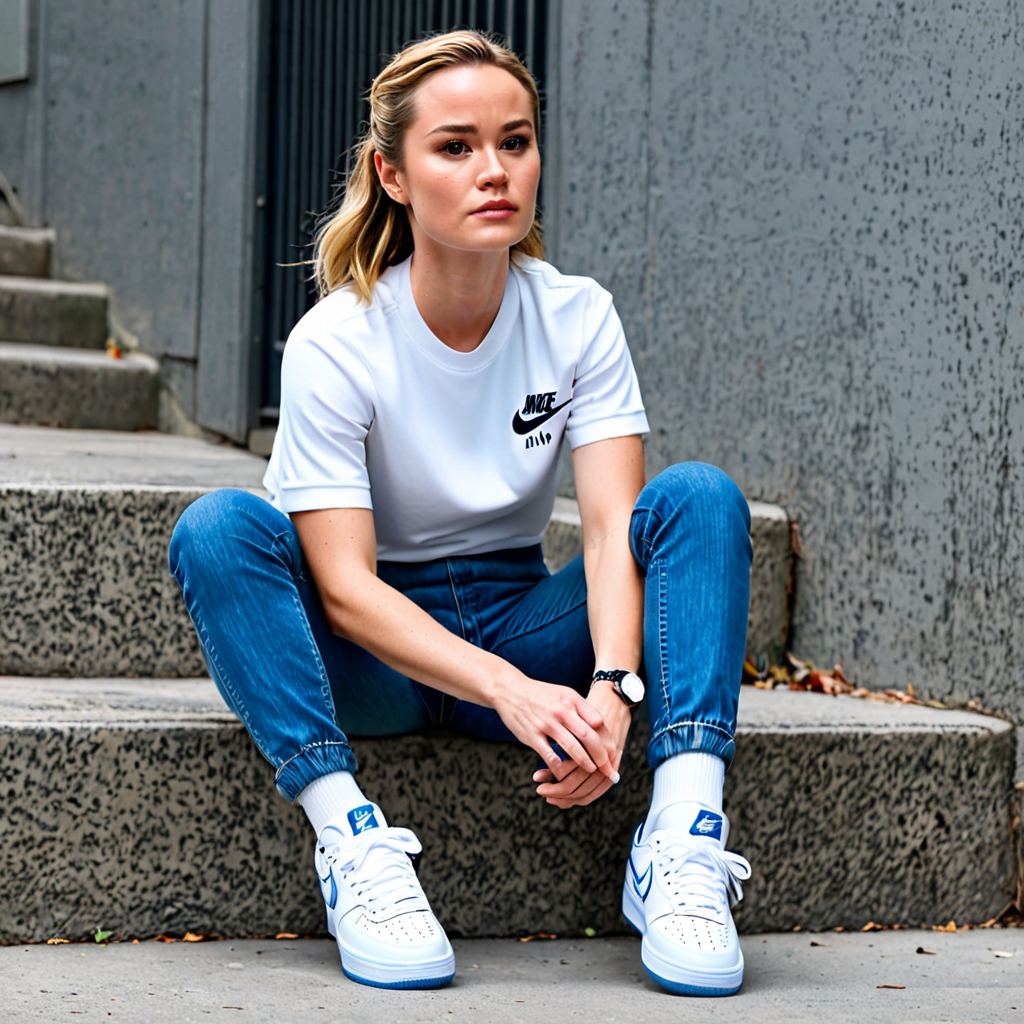 Ai Image Generator - Ai Art Generator - High Quality and 100% Unique Images  - iPic.Ai Brie Larson Carol Danvers sitting in White Shirt, Blue Skinny  Jeans, White Crew Socks, & White