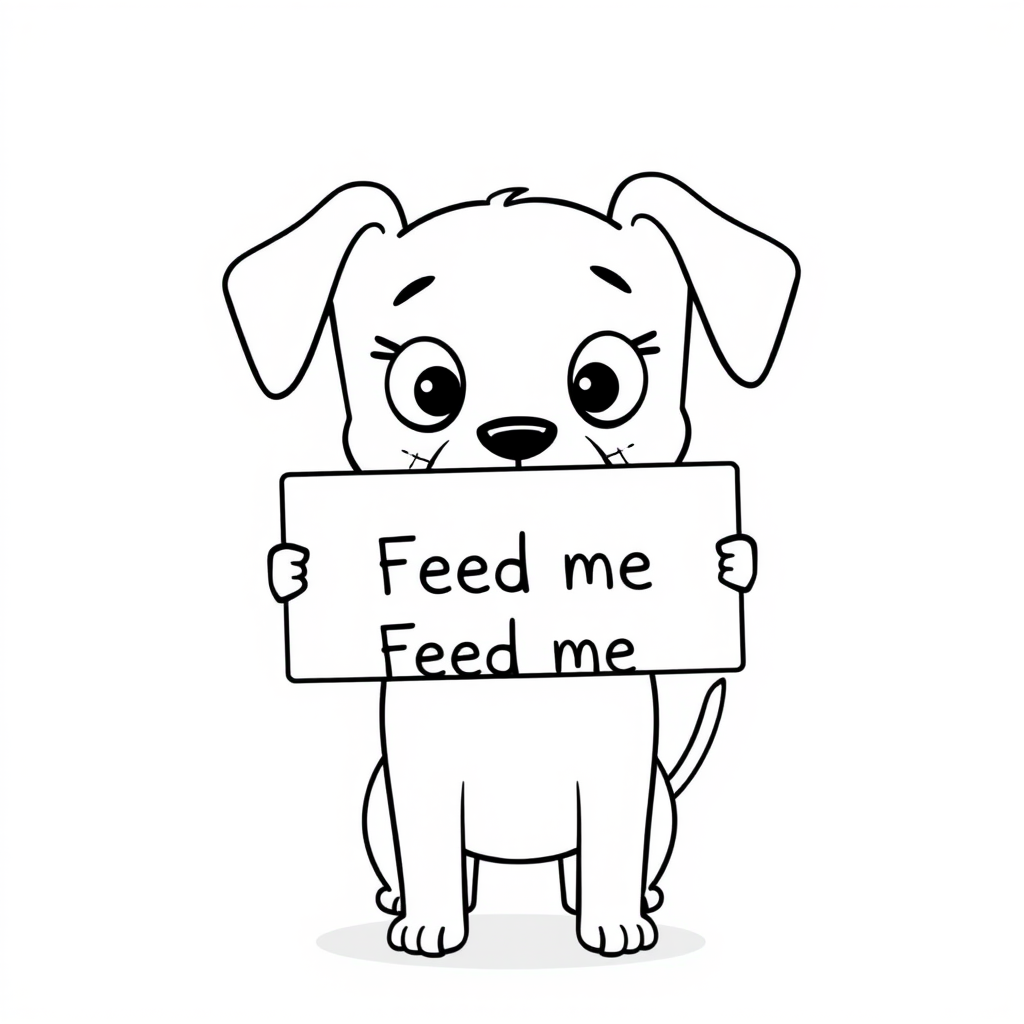 A minimalist cartoon of a PUPPY standing on a blank white background, holding a sign that simply says, 'Feed me.' The puppy is drawn with just a few lines: big eyes, whiskers, floppy ears, and a straight tail, giving it a comically desperate expression.
