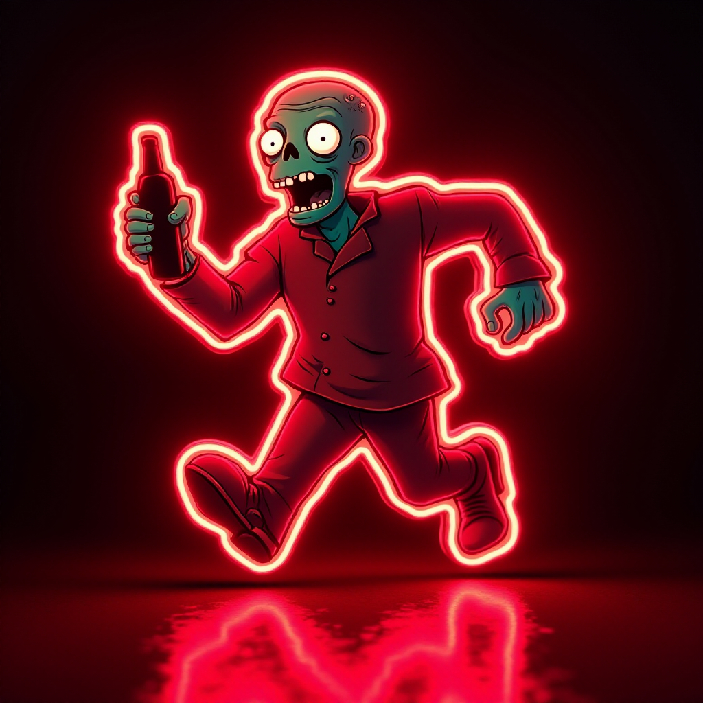 Create an image of a neon sign featuring a cartoon-style zombie in a dynamic pose, holding a bottle. The neon sign should glow in red against a dark background, making the character stand out prominently. The character should appear to be running, capturing attention with its vibrant color and action pose, perfect for advertising or decorative purposes.