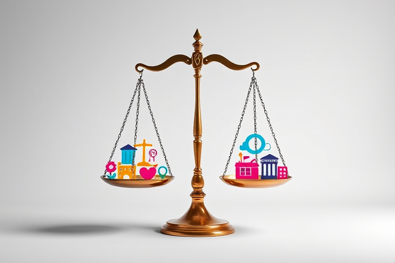 Create an image of a stylized balance scale made from various colorful icons representing justice and law, shot with a DSLR camera using a 50mm lens, f/1.8 aperture, ISO 200, in a well-lit studio setting with softbox lighting for even illumination.