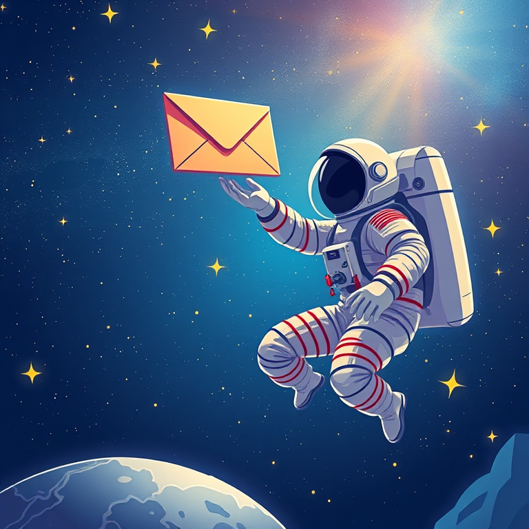 Create a vibrant illustration of an astronaut floating in space reaching for a floating envelope, with a backdrop of bright stars, using a Canon EOS R5 with a 50mm f/1.2 lens, aperture set to f/1.8, ISO 100, and a low-angle perspective to enhance detail and depth.