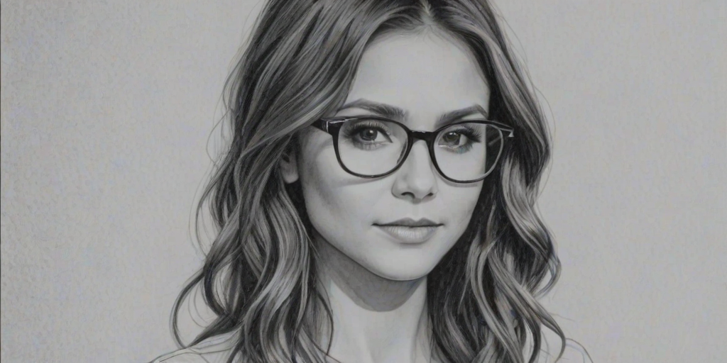 Exquisite Nina Dobrev, pencil sketch, portrait of Fascinating woman 1921s in glasses, hair style beatnik, outline, clear lines, fine lines, 8k