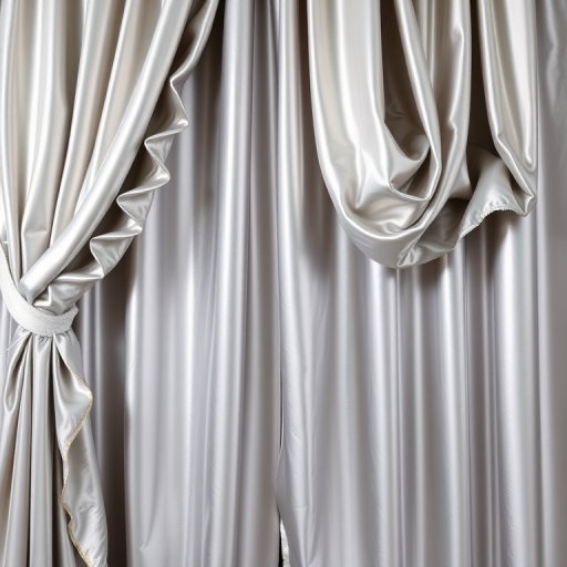 A shiny silver curtain draped elegantly with ruffles, captured in high resolution with a DSLR camera at f/2.8 aperture, 35mm lens, 1/125 shutter speed, soft natural lighting, taken from a frontal view to emphasize texture and shine.