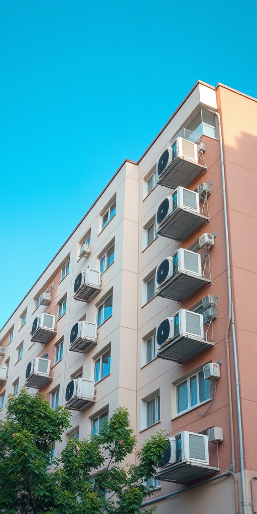 capture an image of a modern residential apartment building featuring air conditioning units with a clear blue sky background, use a Canon EOS R5 camera setting ISO 100, f/8 aperture, 1/200 shutter speed, wide angle view, daylight balanced lighting to enhance details and colors