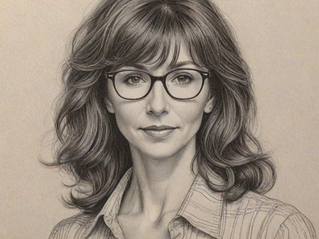 Resplendent Mary Steenburgen, pencil sketch, portrait of Splendid woman 1975s in glasses, hair style beatnik, outline, clear lines, fine lines, 8k