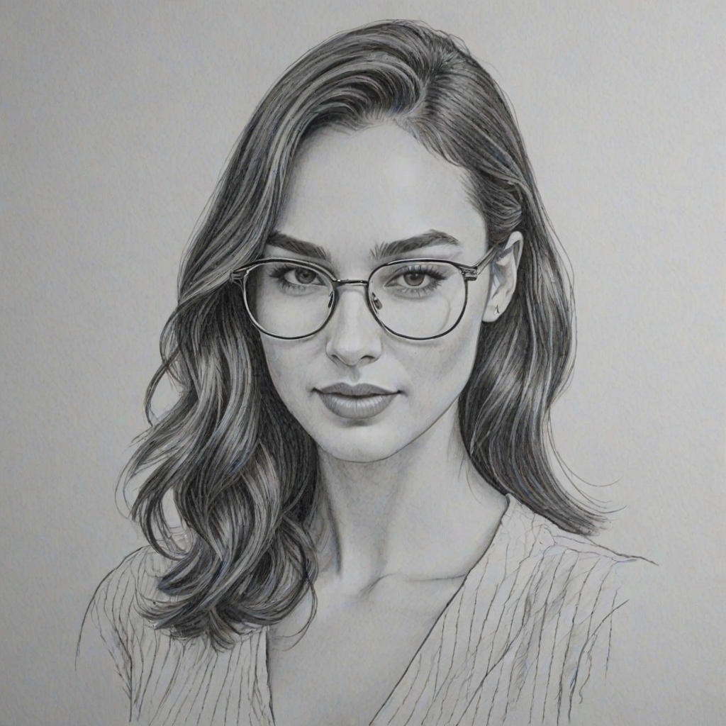 Delightful Gal Gadot, pencil sketch, portrait of Lovely woman 1968s in glasses, hair style beatnik, outline, clear lines, fine lines, 8k