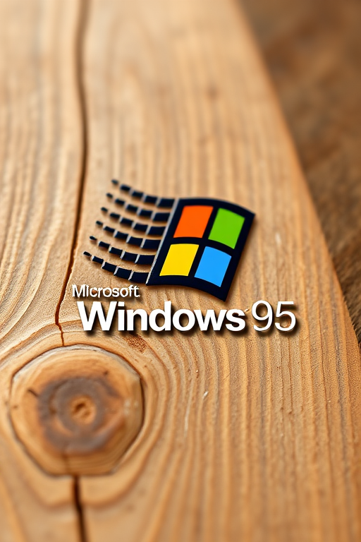 Create an image of a wooden background with the Microsoft Windows 95 logo subtly integrated, shot with a Canon EOS R5 at f/4, ISO 100, with a shallow depth of field, in soft natural light, using a macro lens for enhanced texture detail.