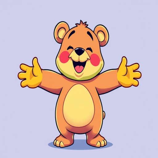 Create a colorful cartoon bear character with a joyful expression, standing with arms outstretched in a playful pose, using a vibrant color palette, captured with a DSLR camera at f/8 aperture, ISO 200, and a 50mm lens for sharp detail and a shallow depth of field.