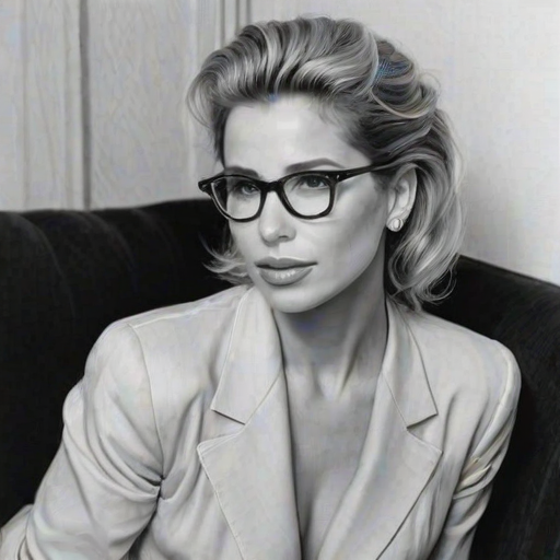 Dazzling Elsa Pataky, pencil sketch, portrait of Enchanting woman 1940s in glasses, hair style beatnik, outline, clear lines, fine lines, 8k