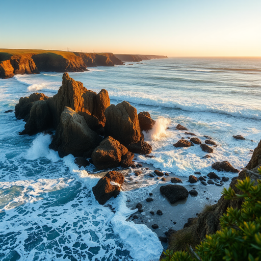 Coastal scene with crashing waves against rocky cliffs, golden hour lighting, taken with a Canon EOS R5, 24mm lens, aperture f/8, ISO 100, shutter speed 1/125s, high dynamic range, focused on the shoreline with a slight tilt for depth.