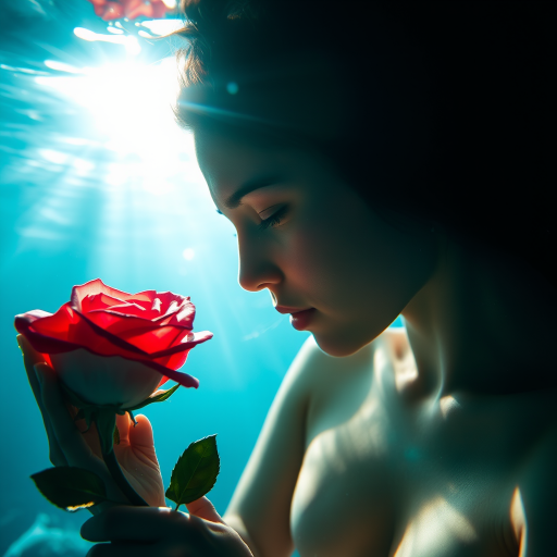 A woman underwater, gazing at a rose Her face is reflected in the water's surface The scene is illuminated by sunlight filtering through the water The atmosphere is serene and contemplative