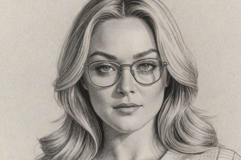 Dazzling Elisabeth Rohm, pencil sketch, portrait of Appealing woman 1972s in glasses, hair style beatnik, outline, clear lines, fine lines, 8k