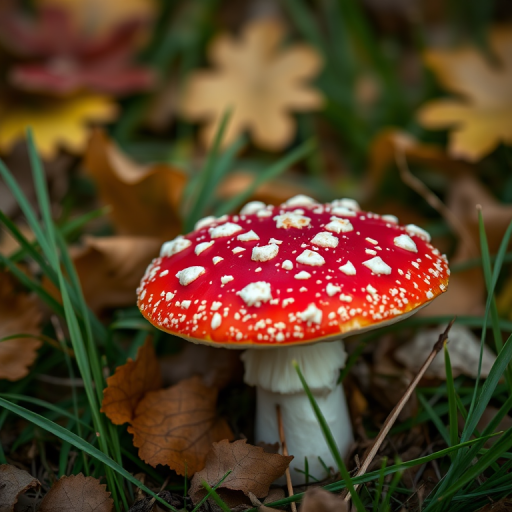 A vibrant red mushroom with white spots, surrounded by autumn leaves and grass, shot in macro view using a Canon EOS R5 with a 100mm f/2.8 macro lens, aperture set to f/4 for a soft background blur, natural lighting to enhance colors and details.