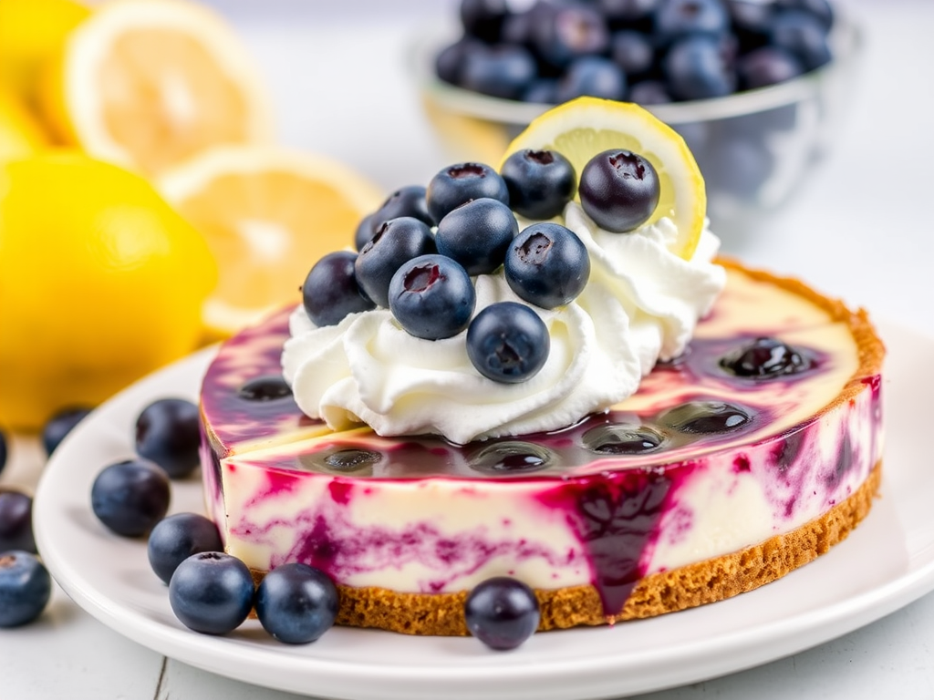 Blueberry cheesecake with a graham cracker crust topped with fresh blueberries and whipped cream garnished with lemon slices displayed on a white plate alongside a bowl of blueberries and lemons in the background.