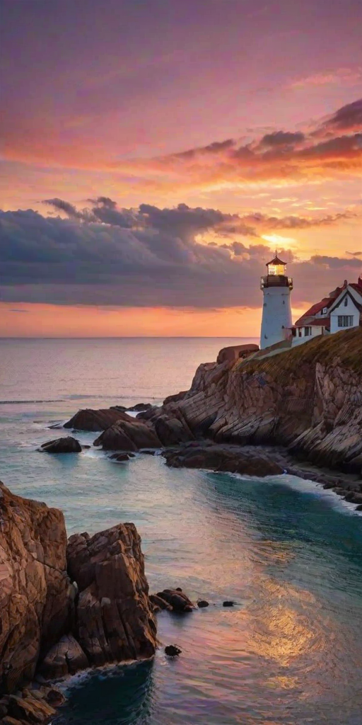 Generate an image of a tall lighthouse perched on a rocky outcrop surrounded by calm ocean waters during a breathtaking sunset. The lighthouse stands sturdy and weathered, its stone surface illuminated by the warm golden light of the setting sun. The sun's rays pass directly through the glass lantern room at the top of the lighthouse, casting a brilliant light across the scene. The sky is painted with vibrant shades of orange, pink, and purple, reflecting off the tranquil sea. The surrounding water shimmers with the same warm hues, creating a serene and majestic atmosphere.