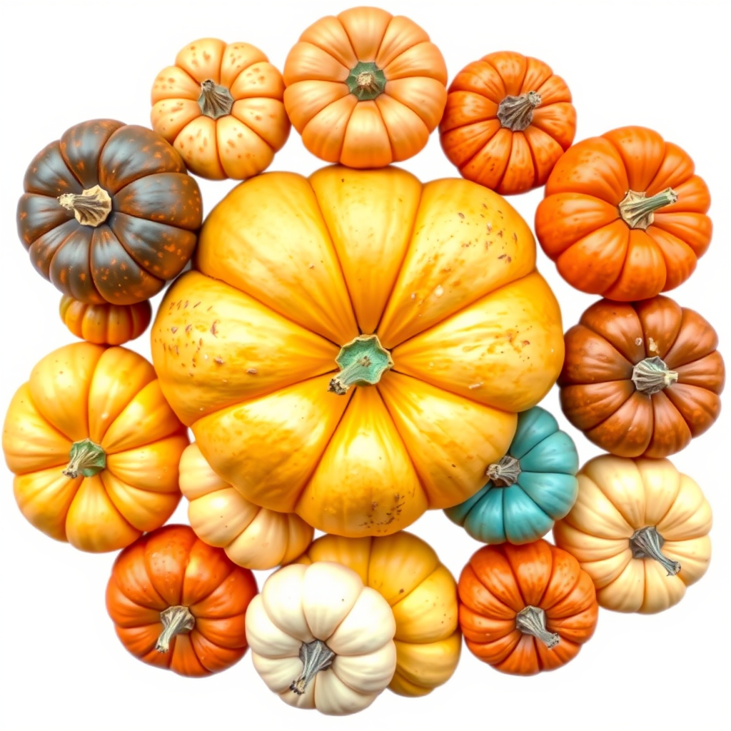 Create a vibrant illustration of assorted pumpkins in various colors and shapes arranged in a circular pattern with a transparent background, using a DSLR camera, f/4 aperture, 50mm lens, natural lighting, and a top-down view for enhanced depth and detail.