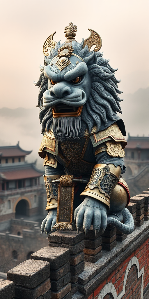 This is a surrealistic realistic photography with a Chinese style characterized by Confucianism and Taoism elegance. A realistic photograph features an anthropomorphic lion dressed in traditional Chinese Ming Dynasty armor, standing atop an ancient city wall, its majestic gaze piercing through the mist of history ,animanflux