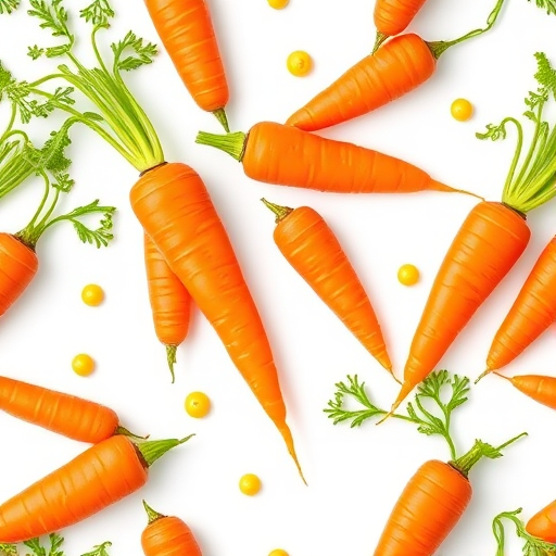 Create a seamless pattern design featuring bright orange carrots with green tops on a white background, incorporating small yellow dots for added contrast, captured with a Canon EOS R5 at 50mm, f/8, ISO 100, with natural daylight for optimal color accuracy.
