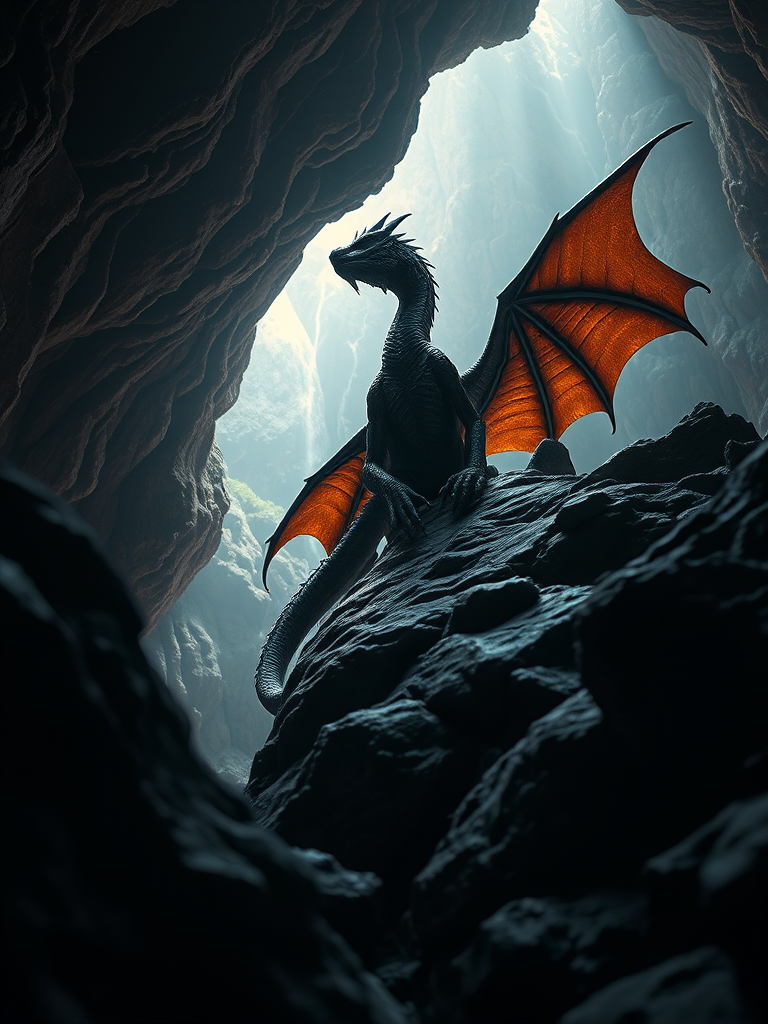 A majestic dragon perched on rugged rocks in a mystical cave, illuminated by ethereal light, captured with a Canon EOS R5, 50mm lens, f/1.8 aperture, ISO 100, 1/200s shutter speed, low angle view, HDR style for enhanced detail and vibrant colors.