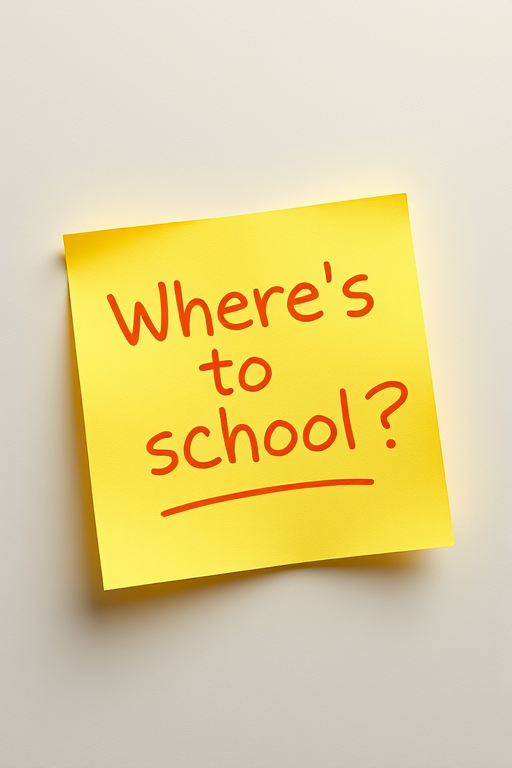 Yellow post-it note, hand written in orange pen text "Where's the school??", 3d, hd, hyper realistic,