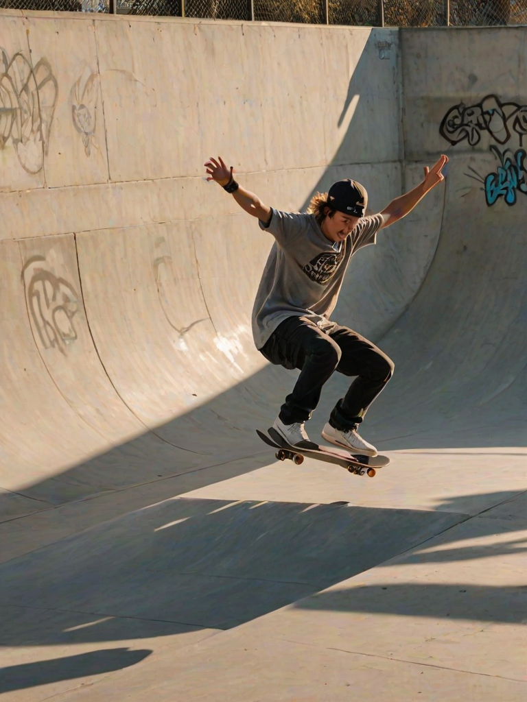 Blurry action shot of a skateboarder mid-air above a concrete ramp, sunlight casting long shadows, the graffiti-covered walls of the skatepark in the background, distant onlookers watching, the sound of rolling wheels and cheers filling the air.