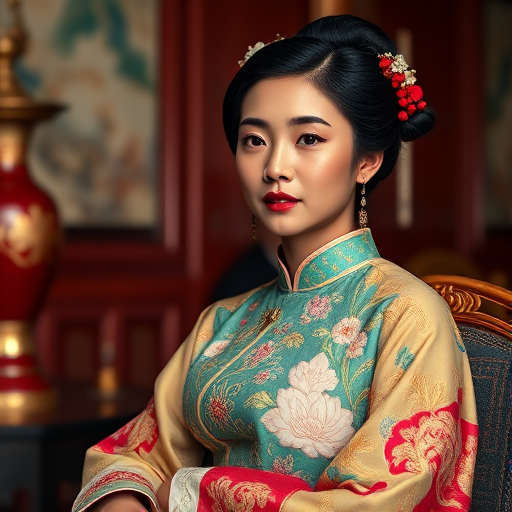 A beautiful Afro-Caribbean woman in traditional East Asian attire, intricately detailed with embroidered patterns, sitting gracefully in a richly decorated room, soft ambient lighting, serene and elegant, ultra-realistic, 8K resolution