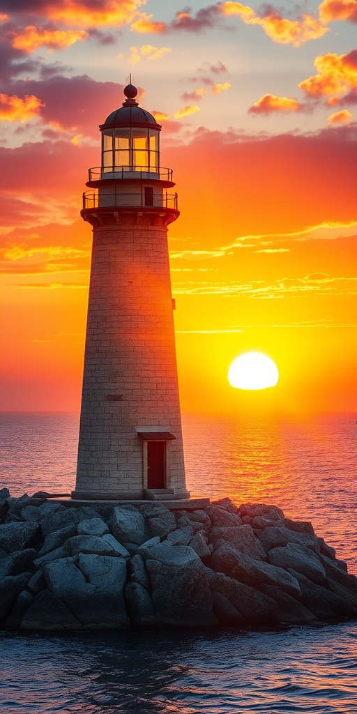Generate an image of a tall lighthouse perched on a rocky outcrop surrounded by calm ocean waters during a breathtaking sunset. The lighthouse stands sturdy and weathered, its stone surface illuminated by the warm golden light of the setting sun. The sun's rays pass directly through the glass lantern room at the top of the lighthouse, casting a brilliant light across the scene. The sky is painted with vibrant shades of orange, pink, and purple, reflecting off the tranquil sea. The surrounding water shimmers with the same warm hues, creating a serene and majestic atmosphere.