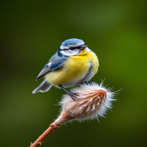 A close-up shot of a blue tit perched on a soft, fluffy stem with a blurred natural background, using a DSLR camera, 200mm lens, f/2.8 aperture, ISO 100, and a shutter speed of 1/500 sec for enhanced detail and clarity.
